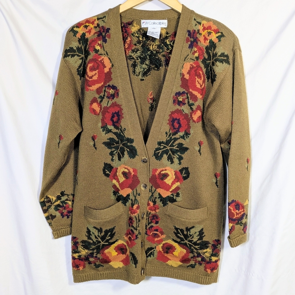 Vintage JH Collectibles Wool Floral Cardigan V-neck Sweater, Cozy, Grannycore PS